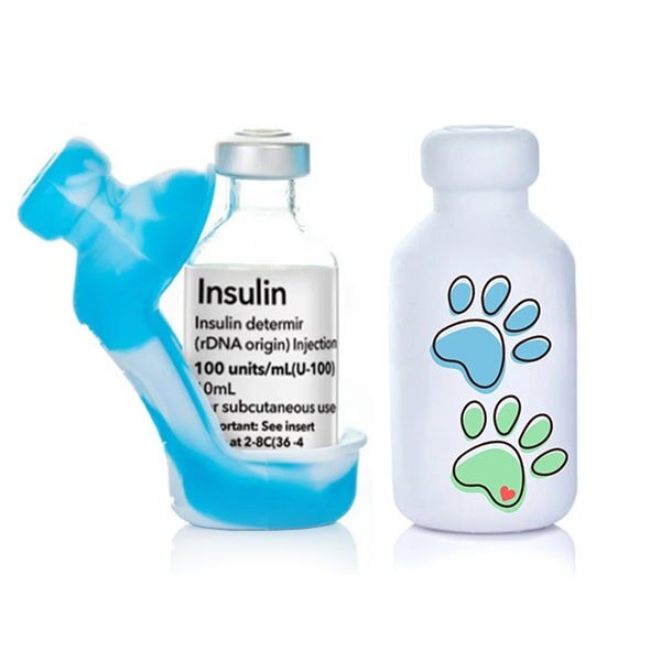 VIAL SAFE - Silikon-Schutzhülle für Insulinflaschen (2 Stück, 10 ml) | 1x Hellblau-Batik + 1x Paws